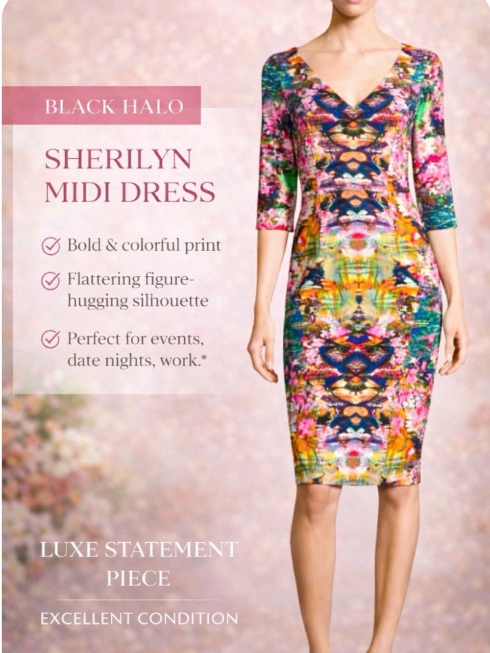 Black Halo Sherilyn Midi Dress Multicolor Print V Neck Bodycon EUC